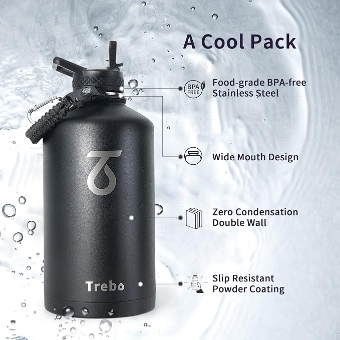 Trebo One Gallon Water Bottle Insulated with 3 Lids, Paracord Handle & Bag | 128 oz Large Stainless Steel Water Jug, Triple Wall Vacuum Copper Plated, Dishwasher Safe, Keeps Cold 48 Hrs for Hiking, Gym
