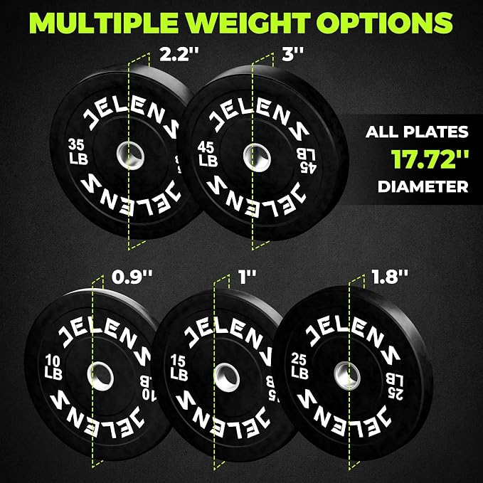 JELENS Olympic Barbell Weight Plates Set, 2-Inch Black/Colored Rubber Bumper Plate Weight Set for Strength Training and Weightlifting, Multiple Options