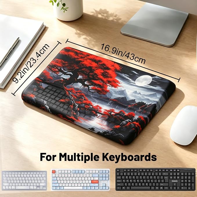 Keyboard Stand with Wrist Rest，Ergonomic Keyboard Riser Holder Lifter Tray | Cherry Blossom Full Moon，Computer Wrist Support Pad，Ergonomic Keyboard stand for desk，Soft Memory Foam Desk Cushion，Non-Slip