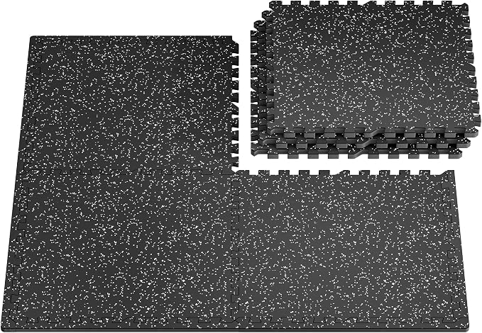 PRAISUN 0.56" Rubber Top Gym Flooring, Heavy Duty Interlocking Gym Mats for Home Gym, Non-Slip Workout Mat, 24 x 24in Large Gym Floor Mat, Protect Floors from Weights & Equipment, 24 Sq Ft, Black/Grey