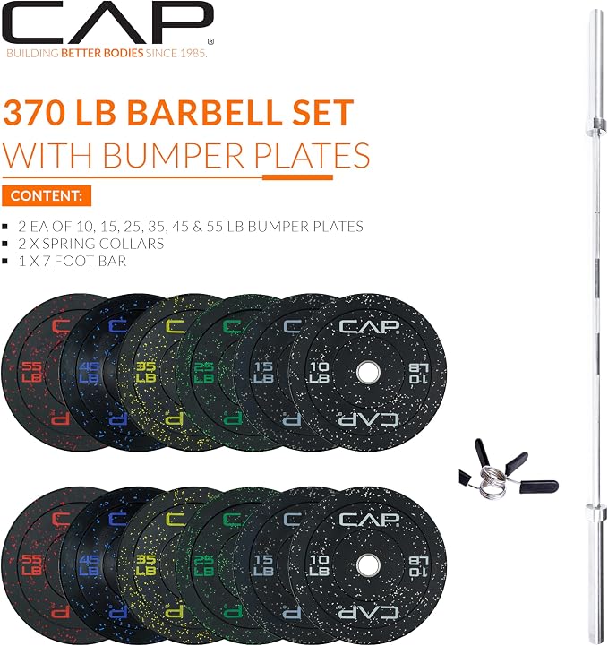 CAP Barbell Olympic Weight Set with 7ft Barbell & Bumper Plates | 160-370 lbs | Multiple Options