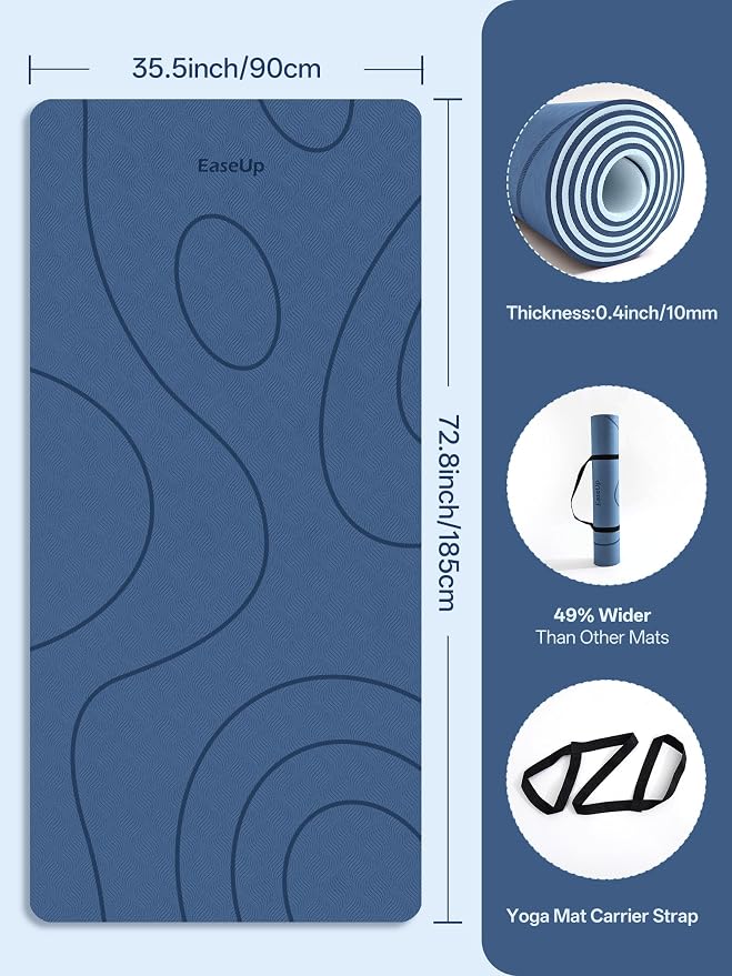 EaseUp Large Yoga Mat 73x35.5x0.4",10mm Thick Non-Slip for Home Workout | Extra thick and wide,TPE material, joint cushioning, easy to clean, wear-resistant, for yoga & Pilates with strap ﻿