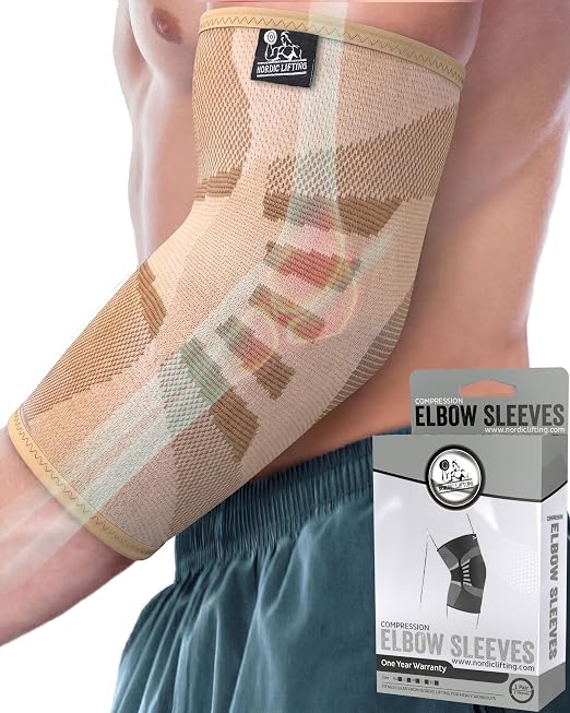 Elbow Compression Sleeves (1 Pair) - Elbow Brace for Tendonitis, Tennis & Golfers Elbow - Weightlifting Support for Men & Women - Pain Relief & Joint Recovery (2, Sandstorm Beige, X-Large)
