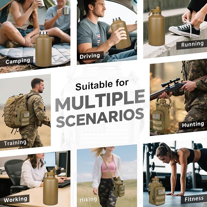 DEFUNX Half Gallon Water Bottle Insulated with Sleeve - Tactical 64 oz Stainless Steel Water Jug with MOLLE Water Bottle Pouch, Gym Water Bottles for Men Hiking Workout (Brown)