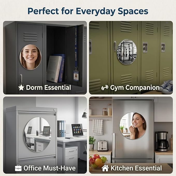 7" Magnetic Locker Mirror, Round Acrylic Mirror with Adhesive Magnetic Backing, Shatter-Resistant Lightweight Design, Portable Mirror for Dorm, Gym Locker, Office Cabinet, Travel