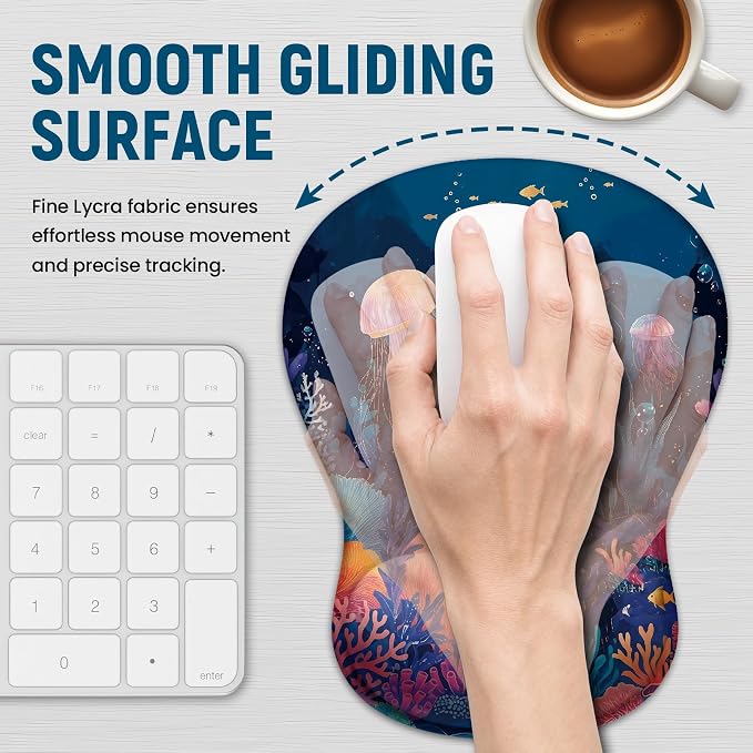 Ergonomic Mouse Pad with Wrist Rest, Gel Wrist Support, Jellyfish | 10.2 x 7.6 in Mouse Pad with Smooth Fabric Surface and Non-Slip Rubber Base for Office, Home, Study, and Gaming