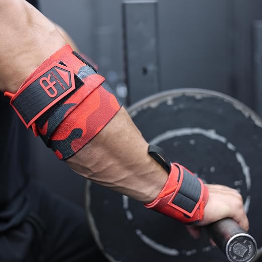 Elbow Wraps for Weightlifting - Heavy Duty Construction, 25% More Elasticity, Reinforced Stitching, Extra Wide Fastener, Easy to Adjust, (Red Camo)