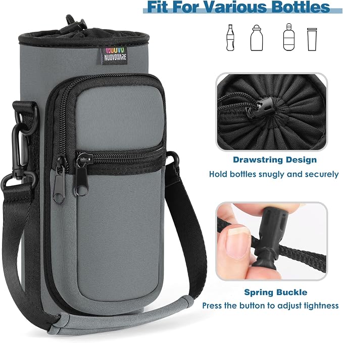 Nuovoware Water Bottle Carrier Bag, 25oz/32oz Bottle Pouch Holder, Adjustable Shoulder Hand Strap 2 Pocket Sling Neoprene Sleeve Sports Accessories for Hiking Travelling Camping, Light Gray | Adjustable Shoulder Hand Strap, 2 Pocket, Neoprene Sleeve, F...