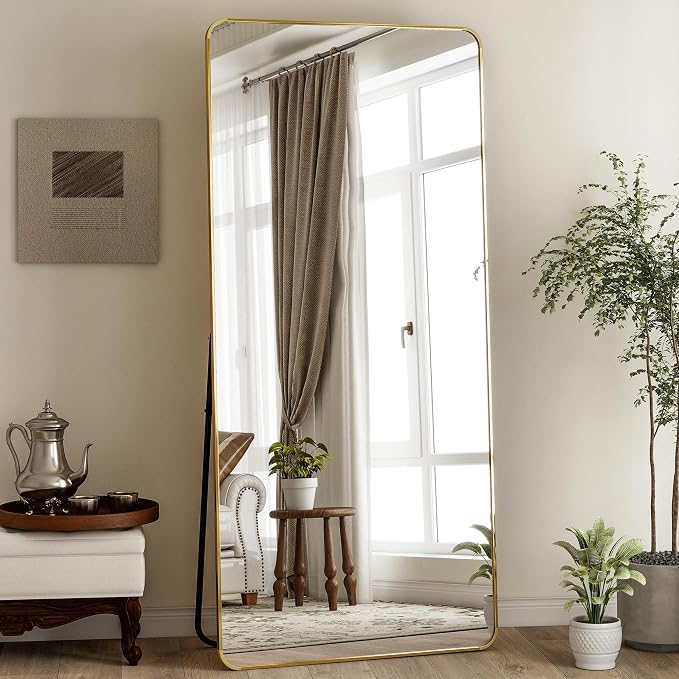 BEAUTYPEAK 76" x 34" Rounded Corner Full Length Mirror with Stand, Gold | Aluminum Alloy Frame with Standing, Leaning, or Wall-Mounted, Ideal for Bedroom, Dressing Room, Entryway, and Living Room