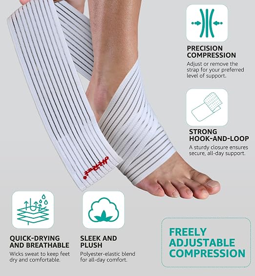 Foot & Ankle Brace 2 Pack, Adjustable Compression Wrap for Men & Women – Helps with Sprains, Plantar Fasciitis, Achilles Tendonitis, Arthritis, Running, Sports, Gym – Fits in Shoes (White)