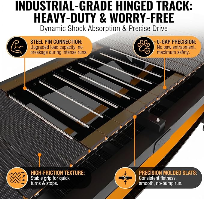 Dog Treadmill with Pin-Hinged Track & 3-Layer Shock Absorption | Waterproof dirt-resistant slats, secure disc brake lock, speed monitor, quiet wheels for indoor outdoor large pet cardio.