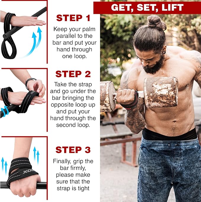 RDX Weight Lifting Straps Figure 8, Anti Slip Strap with Cuffs Wrist Support for Gym Workout Deadlift Powerlifting Bodybuilding Weightlifting, Fitness Strength Training, Hand Bar Grip for Men