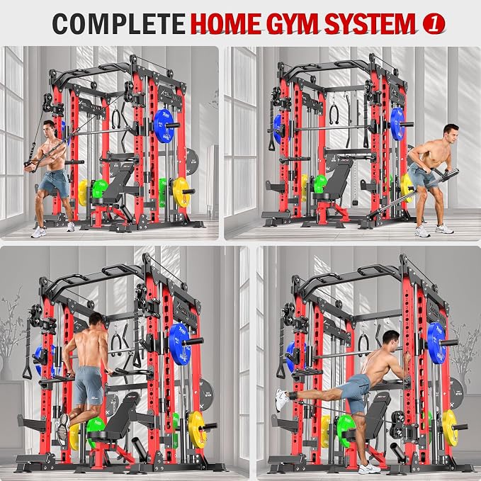 Multi-Purpose Squat Rack,Smith Machine Weight Rack Set with Cable Crossover System, Home Gym Power Racks, Power Racks and Packages