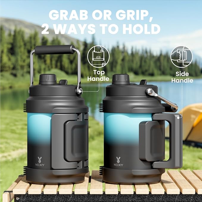 64 oz Insulated Water Bottle for Gym: Meoky Triple Wall Vacuum Stainless Steel Half Gallon Water Jug - Top and Side Handles, 2-in-1 Straw and Spout Lid, Cold for 36 Hrs, Leak Proof for Camping (Cyan)
