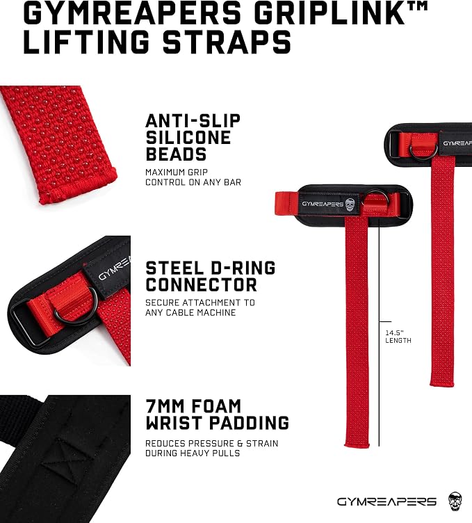 Gymreapers GripLink Lifting Straps – Heavy Duty D-Ring Weight Lifting Wrist Straps with Anti-Slip Silicone Grip Beads, Adjustable Support for Deadlifts, Powerlifting, Cable Machines & Gym Training