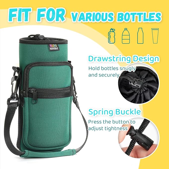 Nuovoware Water Bottle Carrier Bag, 750ml Bottle Pouch Holder, Adjustable Shoulder Hand Strap 2 Pocket Sling Neoprene Sleeve Sports Accessories for Hiking Travelling Camping, Blackish Green