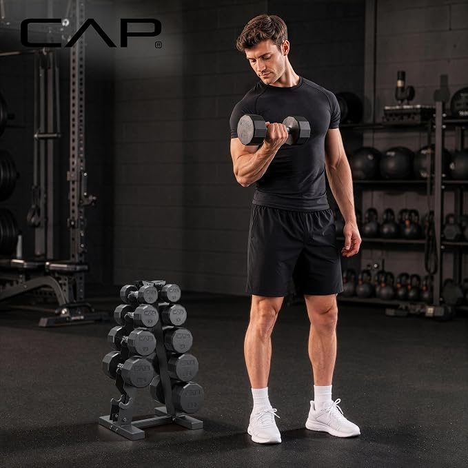 CAP Rubber Coated Hex Dumbbell Set with Storage Rack | 100–210 lb Options, Space-Saving Vertical Compact Storage for Home Gym Strength Training