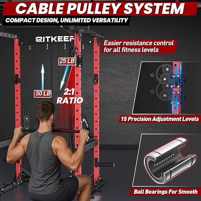RitKeep Power Rack M10 with Pulley System & LAT Pull Down for Home Gym | Multi-Function Squat Rack with 1500LB Capacity, Pull-Up Bar & J-Hooks plus 11 Attachments for Strength Training