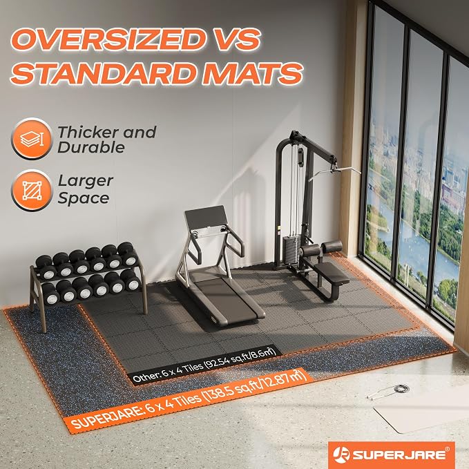 SUPERJARE 30" x 30" Larger Rubber Top Exercise Equipment Mats, 0.56" Thick 24PCS 150 Sq Ft High-Density EVA Foam Interlocking Gym Flooring, Big Workout Mat for Home Gym, Floor Protection, Black/Blue