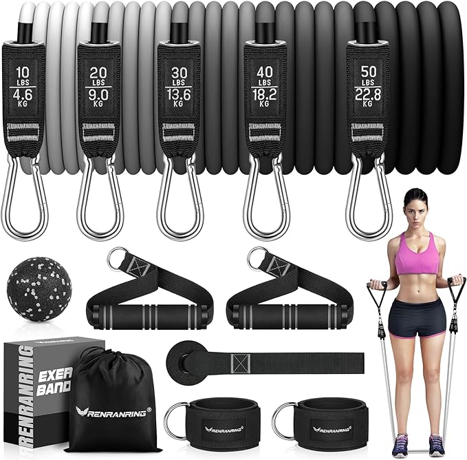RENRANRING Resistance Bands for Working Out, 150LBS Exercise Bands, Workout Bands, Resistance Bands Set with Handles for Men Women, Legs Ankle Straps