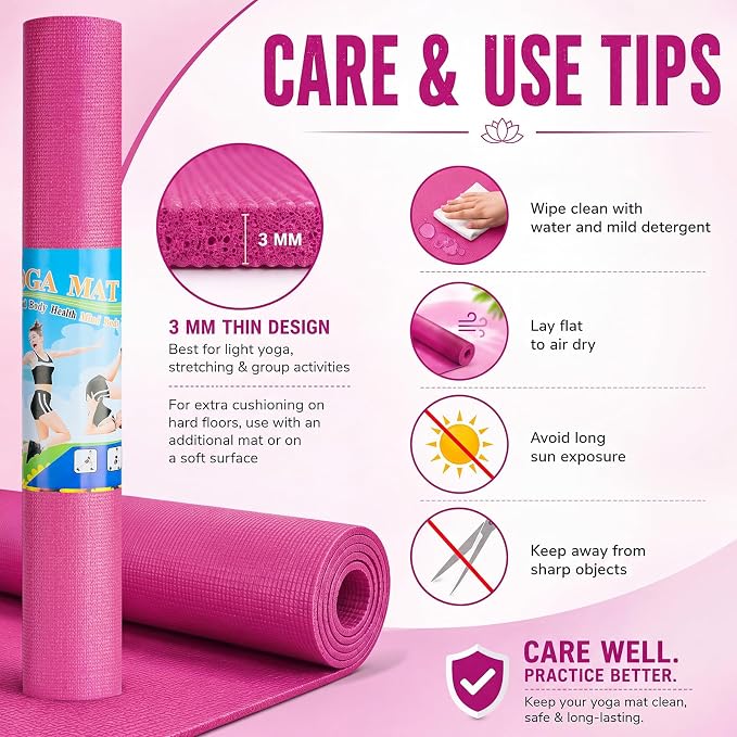 Funtery 3 mm Thin Yoga Mats Bulk, 68 x 24 Inches Lightweight PVC Exercise Mats Non Slip Workout Fitness Pads for Yoga Pilates Stretching Classes Gym Home Studio