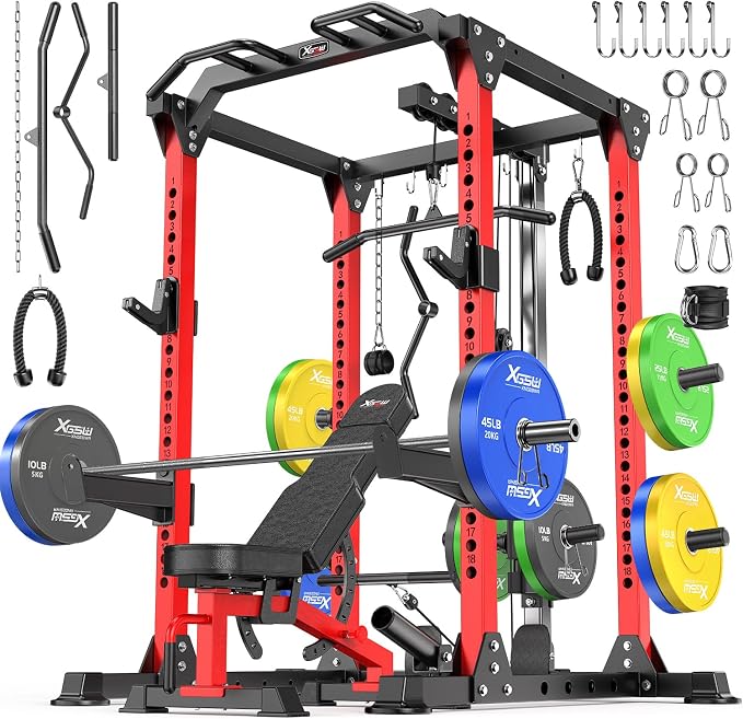 Power Cage Multi-Function Power Rack with Cable Crossover System,1500 LBS Capacity Squat Rack with Weight Bench,for Home Gym