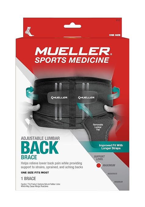 MUELLER Sports Medicine Adjustable Lumbar Back Brace, Lower Back Pain Relief and Support Belt for Men and Women, Black, One Size Fits Most