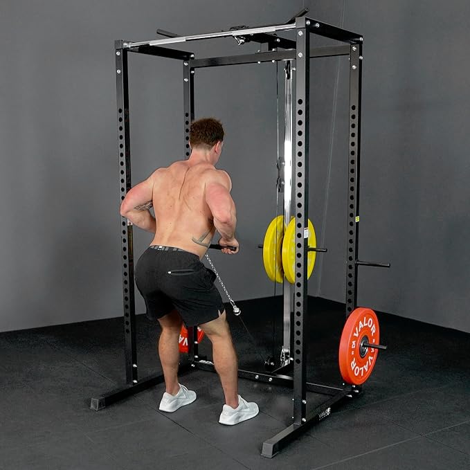 Valor Fitness Power Rack - Squat Rack and Bench Press Power Cage with LAT Pulldown Attachment 2" x 2" Frame - Workout Rack Bundle Options for Complete Weightlifting Home Gym