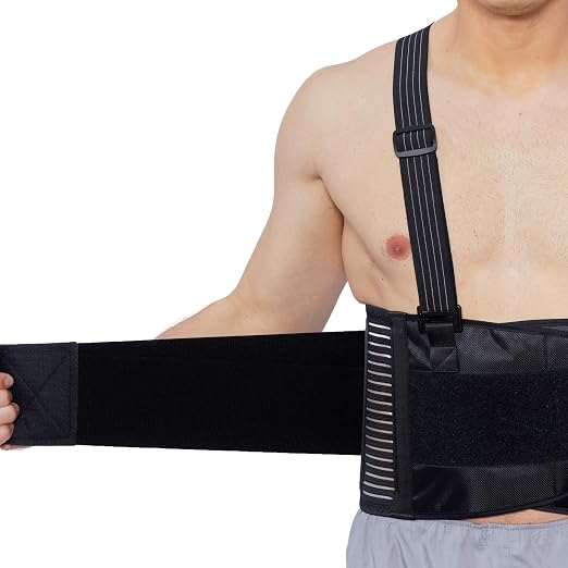 NeoTech Care Back Brace with Suspenders for Work - Industrial Lifting Safety, Elastic Compression, Hook & Loop Closure (Charcoal, Size M)