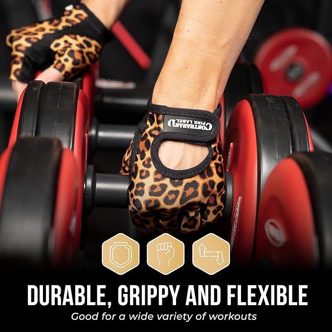 Contraband Pink Label 5297 Womens Design Series Leopard Print Lifting & Rowing Gloves (Pair) - Lightweight Vegan Medium Padded Microfiber Amara Leather w/Griplock Silicone