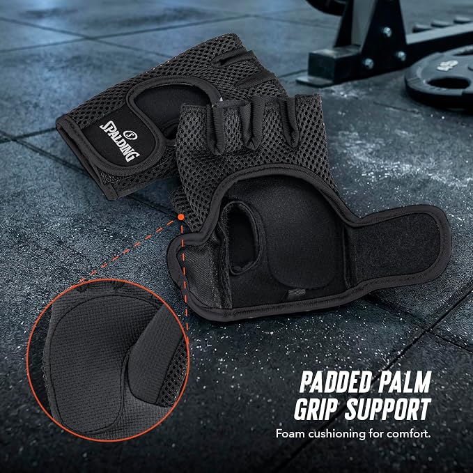 Spalding - Gym Gloves, Mesh Workout Gloves with Foam Padded Palm for Grip, Lightweight & Breathable, One Size Fitness Training Gloves for Weightlifting Exercise
