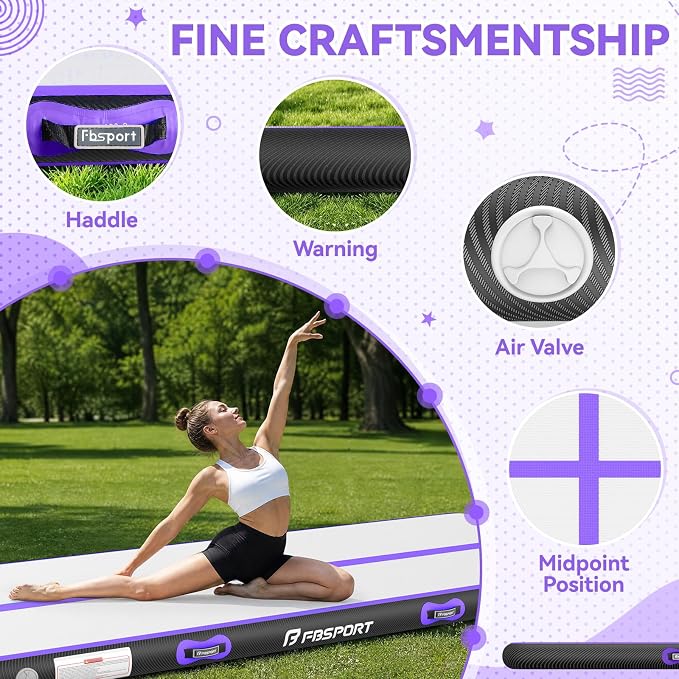 FBSPORT 6.6ft/10ft/13ft/16ft/20ft Inflatable Air Gymnastics Training Mat | 4/6/8 inches Thickness Inflatable Mat, with Electric Pump, Suitable for Home Training/Cheerleading/Yoga/Water