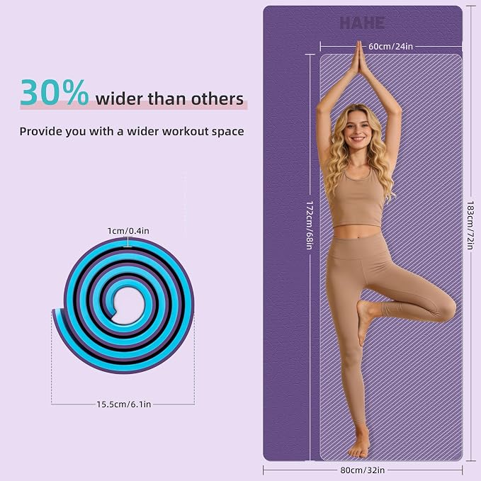 HAHE Wide Yoga Mat 72"x32"x0.4" Thick Pilates Mat with Carrying Strap | Exercise Mats for Home Workout, Wide Non-slip Exercise Mats, Double-Sided POE Fitness Mat for Yoga, Pilates & Travel