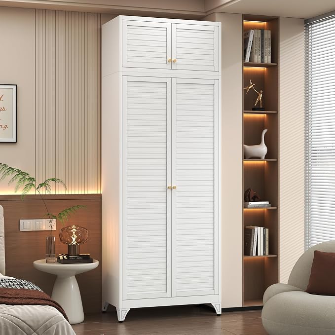 Polup 86" Tall Metal Armoire Wardrobe Closet for Hanging Clothes | White Heavy Duty Steel 4-Door Clothing Storage Cabinet with Adjustable Shelves, Rod, for Bedroom, Office (Ships in 2 Boxes)