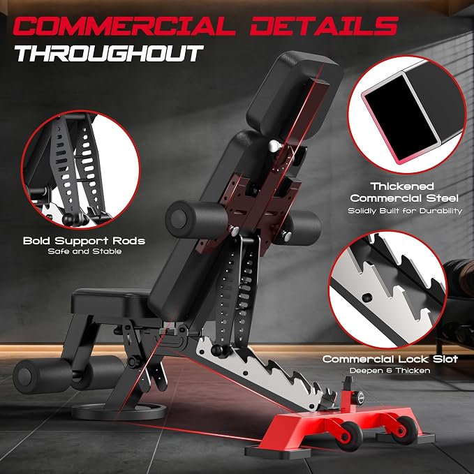 Commercial Adjustable Weight Bench, Heavy Duty 1800LBS | Workout Bench for Home Gym, Flat, Decline, Incline Bench Press, Removable Leg & Elbow Support for Full Body Strength Training