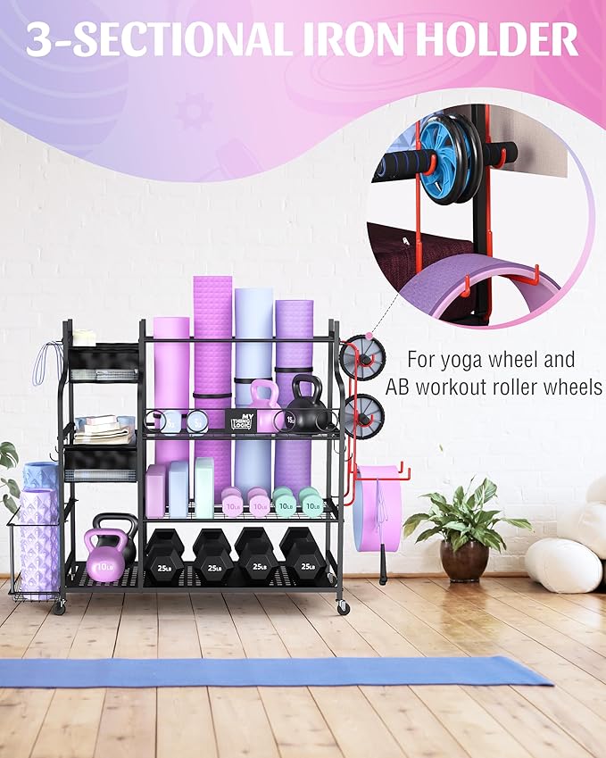 Mythinglogic Home Gym Storage Rack with Wheels for Dumbbells and Yoga Mats | Versatile storage with shelves, hooks and side holders for kettlebells, foam rollers, bands, weight plates and gym gear