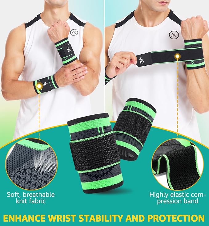HiRui Wrist Brace Wrist Wraps Compression Wrist Strap, Wrist Support for Work Fitness Weightlifting Sprains Tendonitis, Carpal Tunnel Arthritis, Pain Relief, Adjustable Wristbands 2 PACK (Green, XL)