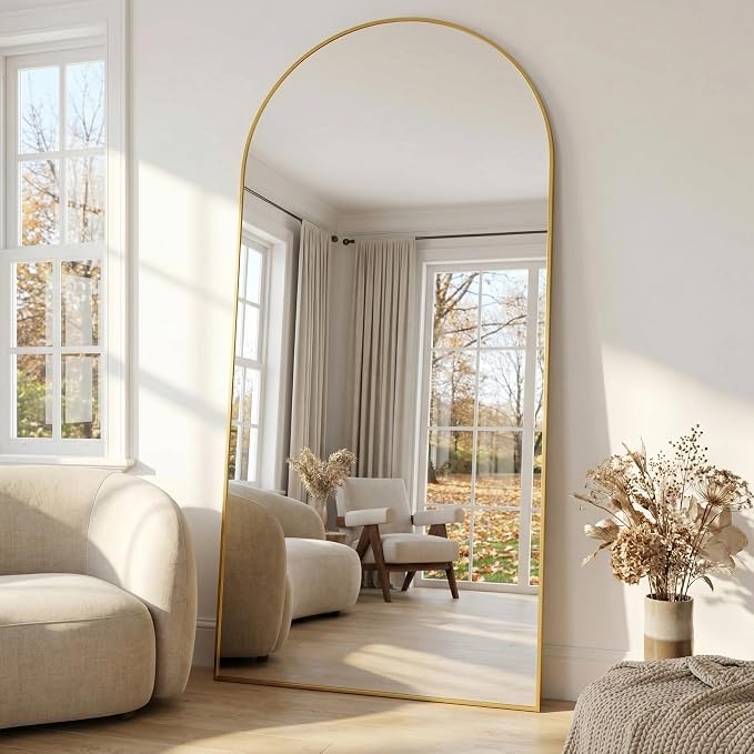 71"x32" Arched Full Length Mirror with Stand, Free Standing Leaning Wall Mounted Aluminum Alloy Frame Mirror for Bedroom Living Room Cloakroom, Gold
