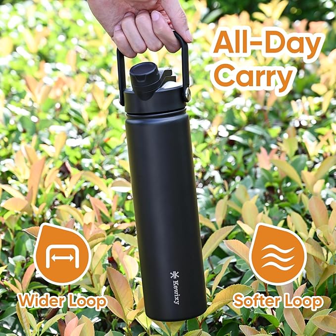 24 oz Insulated Water Bottle, 2-in-1 Lid, Straw & Spout with Protected, Leak Proof, Keep Cold 24H, Cup Holder Fit, Stainless Steel, Metal, Reusable, for Travel, Gym and School, 2 Lids, Midnight Black