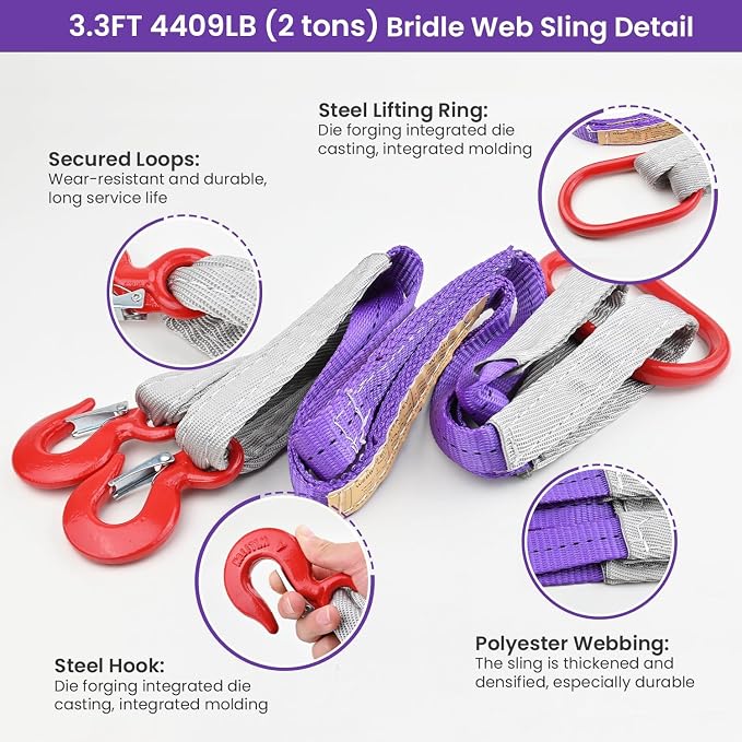 Lifting Slings Straps with Hooks - 3.3 FT, 4409LB Pounds Capacity, Polyester Bridle Sling, Heavy Duty Two Leg Rigging Strap for Engines, Cranes, Hoists, Truck, Purple