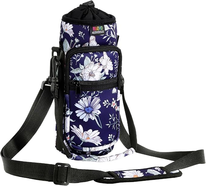 Nuovoware Water Bottle Carrier Bag, 25oz/32oz, Blue Cosmos | Adjustable Shoulder Hand Strap, 2 Pocket, Neoprene Sleeve, For Hiking Travelling Camping
