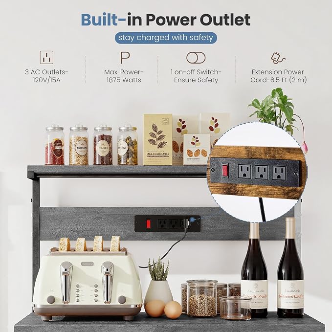 DUMOS 23.6" Bakers Rack with Power Outlet for Kitchen Organization | Microwave Stand with 3 AC Outlets, On/Off Switch and 6.5ft Power Cord, 3 Open Tiers and Adjustable Middle Shelf, Classic Grey