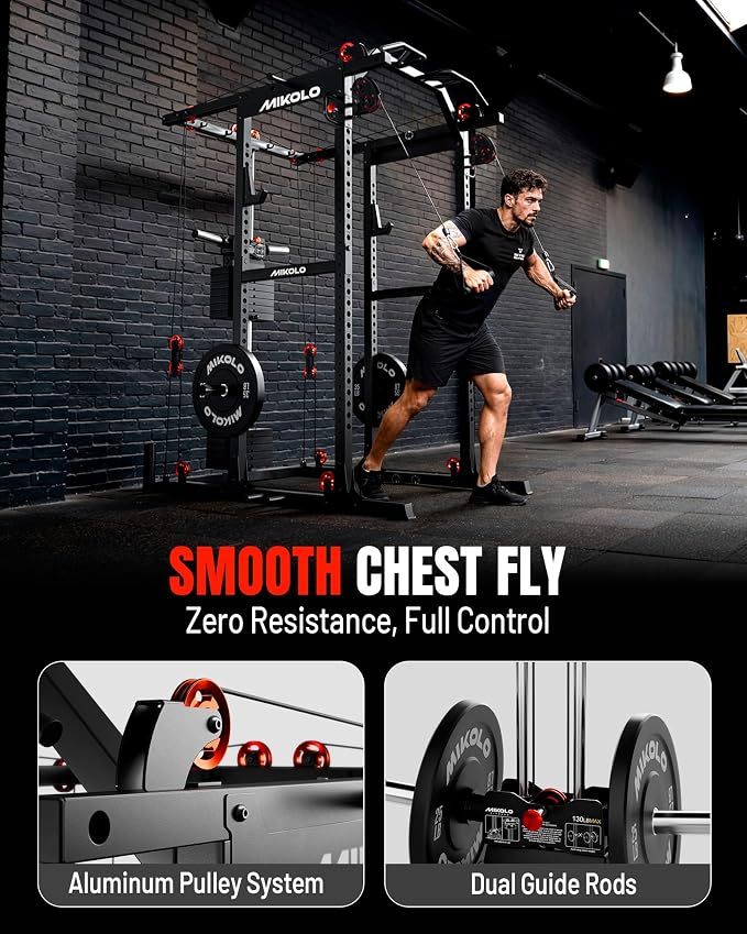 Mikolo K6 2.0 Power Cage, Power Rack with Cable Crossover System, 2000LBS Squat Rack with LAT Pull Down System, Functional Trainer with Aluminum Pulley System for Home Gym