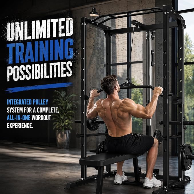 5-in-1 Power Rack Heavy Duty Home Gym | 5 Configs: Only, +Pulley, +Bench, +150LB, +240LB. 1200LB, 50x50mm, 83"H. J-Hooks, Safety Bars, Landmine. Olympic 2" Plates.
