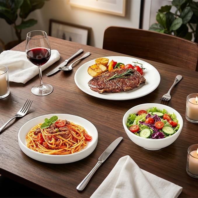 12-Piece New Bone China Dinnerware Set for 4, Lightweight White Plates & Bowls, Stackable, Microwave & Dishwasher Safe, 10" Dinner Plates, 8" Pasta Bowls & 6" Everyday Bowls