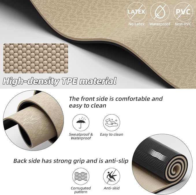 Large Exercise Mat | 10mm Thick TPE Non-slip Gym Mats, Carrying Strap