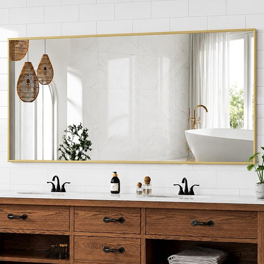 30" x 60" Gold Wall Mirror for Bathroom, 60" x 30" Extra Large Metal Framed Accent Decor, Horizontal Mirror for Dining Room & Double Vanity