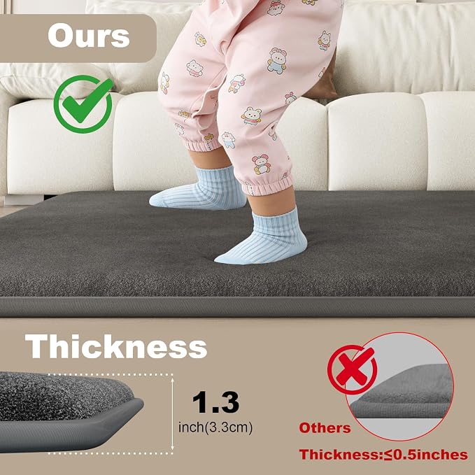 Baby Play Mat for Floor, 1.3" Thick Elasti-Foam Baby Play Mat, 50x50 Playpen Mat for Toddlers Infant Kids, Water Repellent Soft Coral Velvet Crawling Mat for Floor, Non-Slip Backing Safe Dark Grey