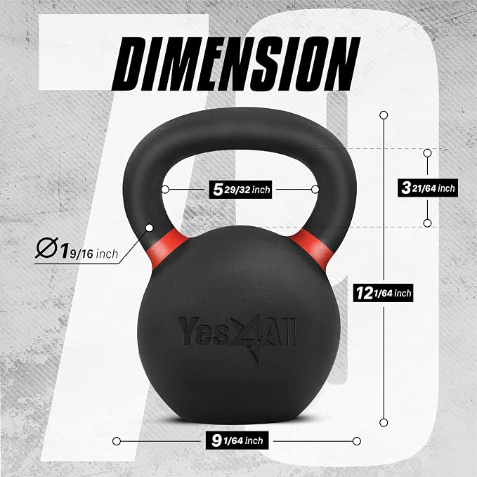 Yes4All Powder Coated Kettlebell, Cast Iron Core Kettlebells with Non-Slip Handle & Flat Bottom for Conditioning, Heavy Duty for Strength Training, 9lb to 71lb - Single & Pair
