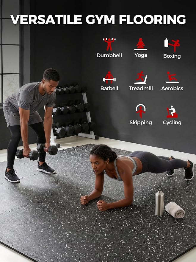 0.79" Extra Thick Rubber Top Gym Flooring, 18 Tiles 72 Sq Ft Heavy Duty Interlocking Exercise Mats, High Density EVA Foam Non-Slip Workout Mat for Home Gym & Garage, 24x24in, Black/White
